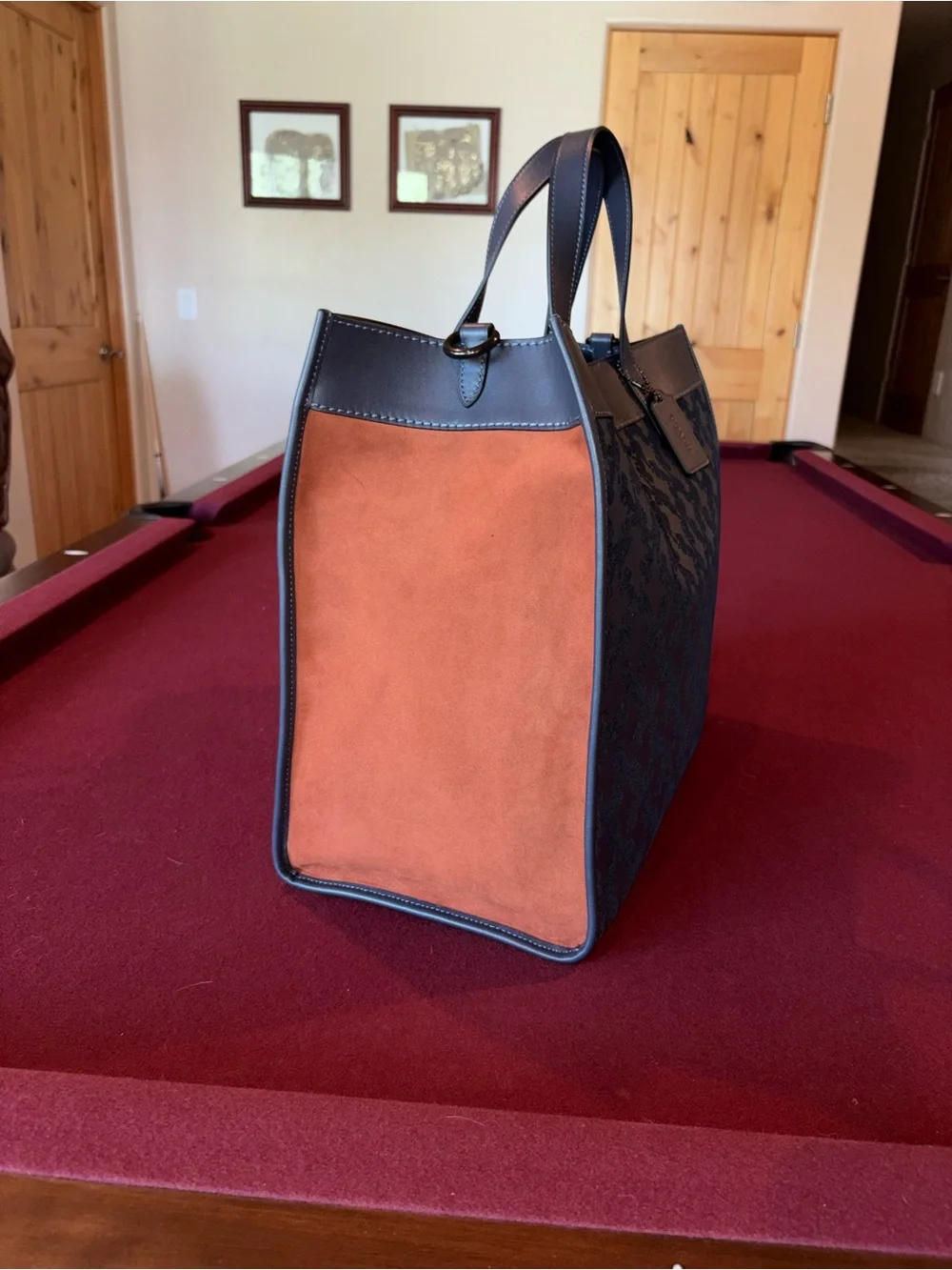 Coach Field tote 40 Horse and Carriage print Navy with brown suede